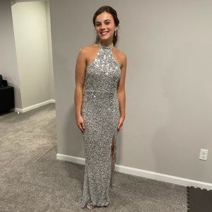Formal Silver Sequin Halter Dress